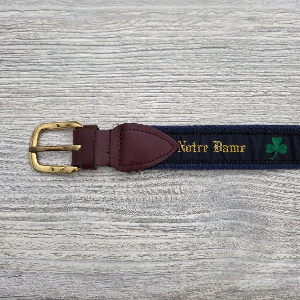 Notre Dame Belt Navy Blue Leather Canvas Embroidered Mens Medium